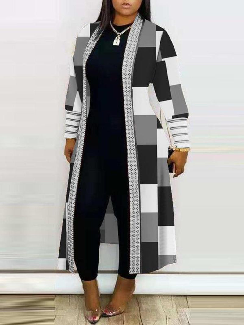 Women'S Geometric Print Drop Shoulder Coat, Fashion Open Front Long Coat, Women Clothing for Spring Fall
